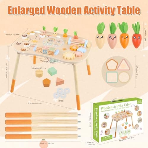 Wooden Activity Table for 1 Year Old Toddlers Sensory Table Activity Center 1-3 2 Baby Activity Table Kids Gift Game Wooden Montessori Table Shape Sorter Sensory Toys (Length*Height: 17"*11.8") - Thumbnail 2