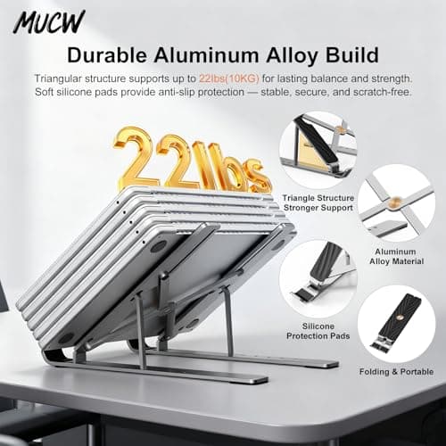MUCW Adjustable Laptop Stand for Desk, Foldable Ergonomic Computer Riser with Ventilated Cooling Design, Portable Holder for 10–16" Laptops - Thumbnail 4