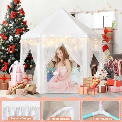 Monobeach White Princess Tent Girls Tassel Decor Large Playhouse Kids Castle Play Tent with Star Lights Toy for Children Indoor and Outdoor Games, 55'' x 53'' (White Princess Tent with Tassel) - Thumbnail 4