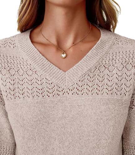 NORACORA Womens V Neck Fall Sweaters 2025 Casual Long Sleeve Ribbed Knit Pullover Lightweight Crochet Pullover Sweater Tops Khaki - Thumbnail 5
