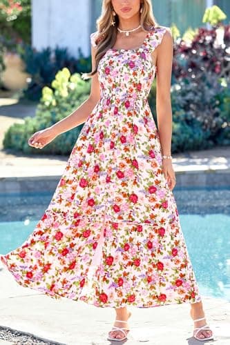 dowerme Womens Summer Maxi Dresses 2026 Casual Ruffle Sleeve Button Smocked Floral Slit Boho Dress Spring Beach Sundress(White Pink Flower,XX-Large) - Thumbnail 4