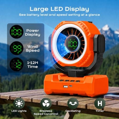 Cordless Camping Fan with Light, 20000mAh Battery Powered Tent Fan with Powerful Airflow, 1-100 Adjustable Speed, 12H Timer, Digital Display Oscillating Desk Fan for RV, Travel, Bedroom, Power Outage - Thumbnail 6