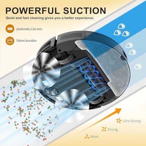 RJHVS Robot Vacuum and Mop Combo, 2 in 1 Robotic Vacuum Cleaner, 3500 Pa Suction, 120 Min Max, Super Thin, Quiet, App & Remote Control, Ideal for Hard Floor, Hair, Pet Fur, Self-Charge - Thumbnail 2