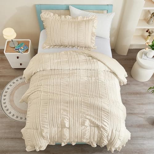 WONGS BEDDING Comforter Set Twin, 3 Pieces Ruffle for Dorm Room Essentials Comforter for Twin Bed, Beige Textured Bedding Set with 1 Ruffle Comforter, 2 Tufted Pillowcases 86"×68" - Thumbnail 5