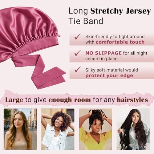 Women's Silky Bonnet - Long Tie Sleep Cap, Curly/Natural Hair, Adj. Night Hat, +10 Scrunchies, Mom/Wife - Thumbnail 3