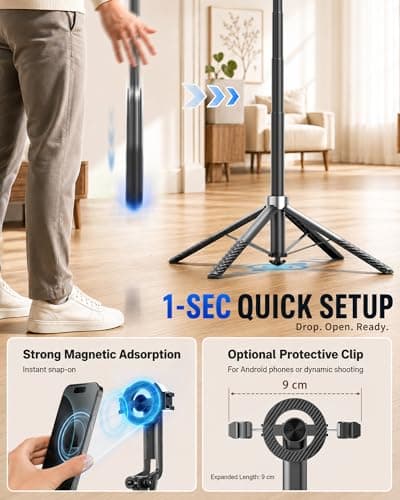 Oldshark 71" Auto Face Tracking Tripod with Light, 1-Sec Quick Setup Magnetic Tripod for iPhone, No App Needed 360° Rotating Phone & Camera Tripod, Content Creator Essentials for TikTok YouTube - Thumbnail 4