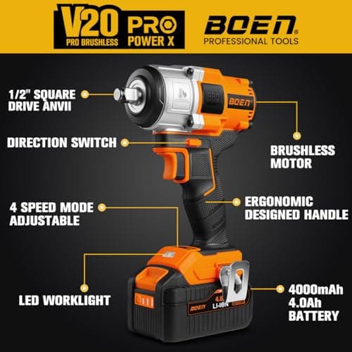 boen Cordless Impact Wrench 1/2 inch, 600FT-LBS(800N.m), Brushless Electric Impact Wrench, 2200RPM High Torque Impact Gun for Car Home, Includes 4.0Ah Battery×1, Charger, IW-75 - Thumbnail 3