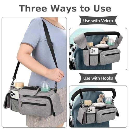 HFLYJPYW Universal Stroller Organizer with Insulated Cup Holder Detachable Phone Bag and Carry Strap Fits Uppababy, Baby Jogger, Britax, BOB, Umbrella and Pet Stroller and more (Light gray) - Thumbnail 6