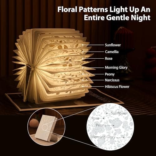 ZBOLE Floral Print Book Light,3-Color Book Lamp Book Lovers Gifts | 1200mAh Portable Foldable Paper Desk Lamp | Night Reading Bookshelf Lamp,Valentine Ambient Lighting Decorations Gifts(White Silver) - Thumbnail 2
