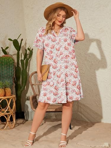 AusLook Plus Size Midi Dress for Women V Neck Short Sleeve Summer Casual Loose Fit Vacation 4X Sundress with Pockets - Thumbnail 5