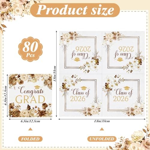 80 Pcs Boho Graduation Napkins, 6.5 Inch Boho Floral Congrats Grad Party Napkins Gold and White Class of 2026 Paper Napkin for High School College Graduation Party Decorations - Thumbnail 2