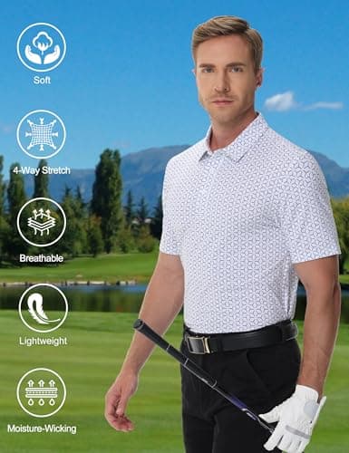 Cotrasen Golf Polo Shirts for Men Print Short Sleeve Moisture Wicking Performance Soft Breathable Top Tee Shirts White L - Thumbnail 4