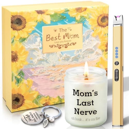 Mothers Day Gifts for Mom from Daughter Son, Funny Birthday Thanksgiving Christmas Mom Gift Set, Mom's Last Nerve Lavender Scented Candle with Electric Candle Lighter, Engraved Keychain - Image 1