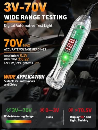 Automotive Test Light, 3-70V Digital LED Voltage Tester, Auto Circuit Tester with Voltmeter, Dual Polarity Indicator and Stainless, Bidirectional Electrical Voltage Test Pen for Car/Truck/SUV Checker - Thumbnail 2