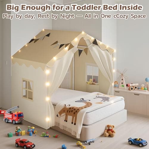 EagleStone 2-in-1 Kids Tent,Large Play Tent with Padded Mat and Lights,Kids Playhouse with 2 Doors & 4 Windows,2 Large Side Pockets,Indoor Outdoor Kid Play Tent for Toddlers,53" x40" x 51" - Thumbnail 5