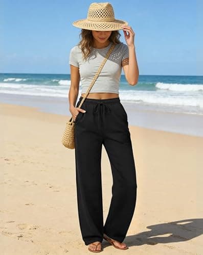keriffe Womens Summer Casual Pants High Waisted Drawstring Beach Vacation Trousers with Pockets Black - Thumbnail 4
