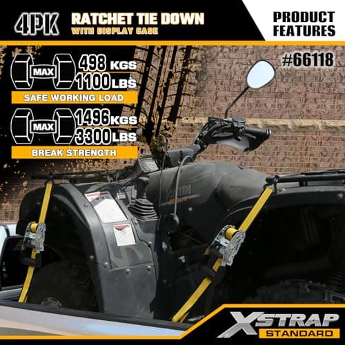 XSTRAP 4 Pack Ratchet Straps 1.5" x 16ft 3,300lbs Break Strength Tie Down Straps, Ergonomic Handle with Double J Hooks & Ammo Storage Box for Truck, Trailers, Motorcycle, ATV & Boat (Yellow) - Thumbnail 5