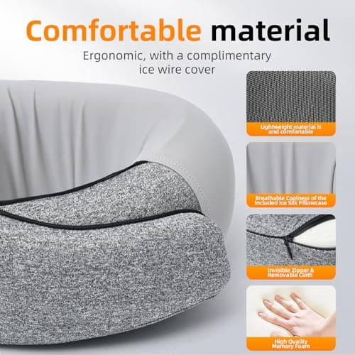 ThreeHome Travel Pillows for Airplanes, 100% Pure Memory Foam Neck Pillow with Skin-Friendly Silk Cover, Ergonomic Support, Washable Cover, Eye Mask, Earplugs, Ideal Neck Pillow for Flight Trips - Thumbnail 3