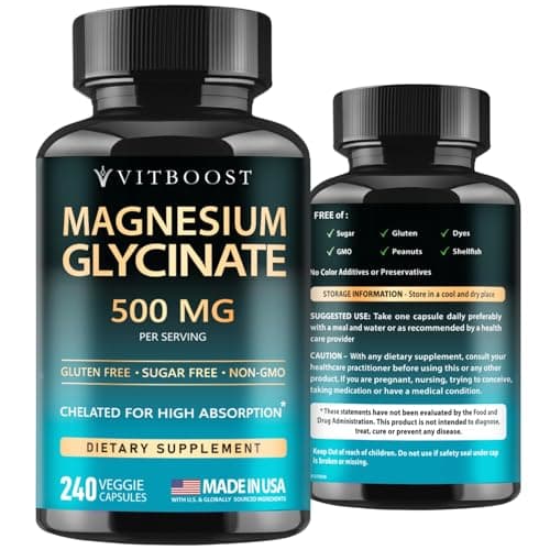 Magnesium Glycinate 500mg Chelate Capsules – 240 Count – 90mg Elemental Magnesium Per Serving – High Absorption Supplement – Non-GMO, Gluten Free – Made in USA - Image 1