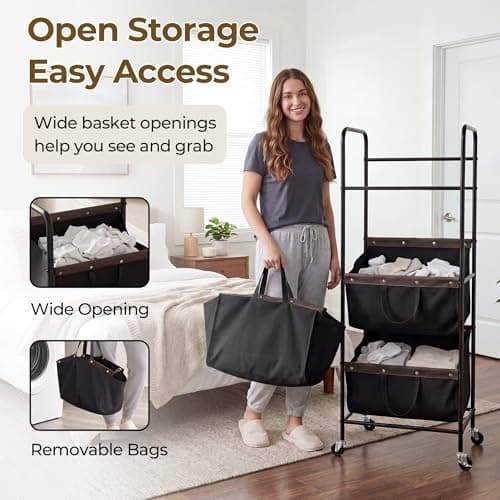 GRANNY SAYS 3 Tier Laundry Sorter, Laundry Basket with Wheels, Laundry Room Organization and Storage, 3 Section Rolling Laundry Cart for Dorm, Bathroom, Bedroom, Closet, Black - Thumbnail 4