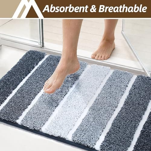 COSY HOMEER Bathroom Rugs 24"x17", Ultra Soft Absorbent Bath Mat with Non-Slip TPR Backing, Machine Washable Shaggy Rug for Bathroom Floor, Dark Blue & White - Thumbnail 4