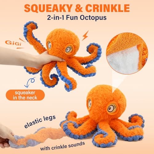 VOXGET Dog Octopus Squeaky Toys, Interactive Tug of War Doggie Toy with Crazy Crinkle for Small Medium Pet Dogs Use, Stuffed Plush Octopus Toy for Puppies Keep Busy Reduce Boredom (Orange, 4" x 4.5") - Thumbnail 3