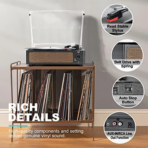 Vinyl Record Player with Speakers Vintage Turntable for Vinyls Records Belt-Driven Turn Table Support 3-Speed, Wireless Playback, Headphone, AUX-in, RCA Line LP Phonograph for Sound Enjoyment Black - Thumbnail 4