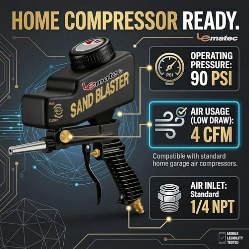 LE LEMATEC Portable Sand Blaster Gun Kit | Gravity Feed Air Tool for Rust Removal, Glass Etching & Paint Stripping | Requires 4 CFM @ 90 PSI Air Compressor - Sandblasting Steel Nozzle - Thumbnail 6