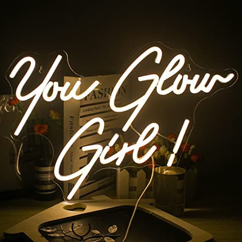 FAXFSIGN You Glow Girl Neon Sign Led Warm White Word Neon Light Up Signs for Wall Decor Usb Letter Neon Lights for Bedroom Home Wedding Birthday Party Girls Gifts - Image 1