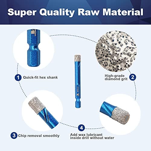Diamond Drill Bit 6mm,BRSCHNITT 3pcs/Pack 1/4 Inch Diamond Hole Saw Drill Bit for Porcelain Tile Ceramic Stone Granite Marble,Hex Shank Dry Drilling Diamond Core Drill Bit Set - Thumbnail 3