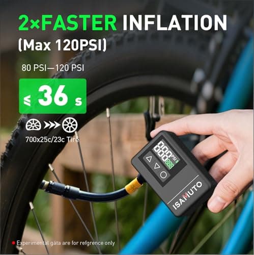 ISAMUTO Mini Electric Bike Pump, 120 PSI Portable Bike Tire Inflator with Digital Gauge & Auto Shut-Off, Rechargeable Pocket Air Pump for Presta & Schrader Valves, Road Bike, MTB, E-Bike - Thumbnail 3