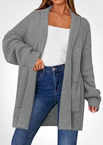 KIRUNDO Cardigan Sweaters for Women 2026 Fall Chunky Fuzzy Knit Open Front Loose Long Sleeve Sweater Coats Winter Clothing(Grey, Medium) - Thumbnail 3