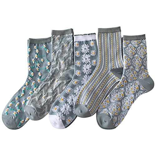 MTKAEWU 5 Pack Cute Womens Floral Socks, Vintage Embroidered Frilly Floral Socks, Kawaii Girly Ankle Cotton Cottagecore Sock (Light Green) - Image 1