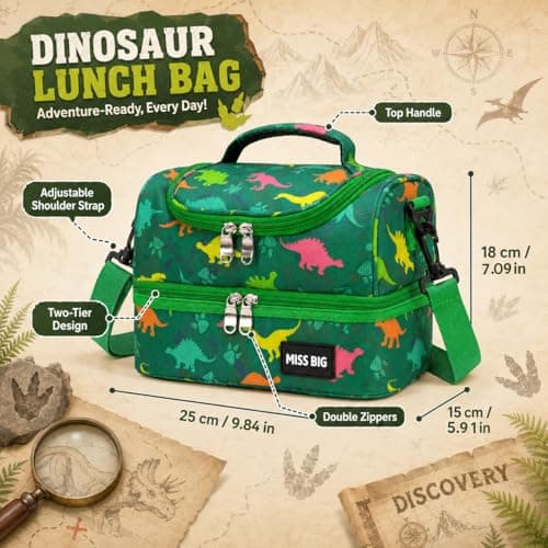 MISS BIG® Kids Lunch Bag for Boys, Dinosaur Insulated Lunch Bag with Two-Tier Storage, Adjustable Shoulder Strap, Lunch Box Bag for Kids, School, Daycare, Picnic, and Travel - Thumbnail 4