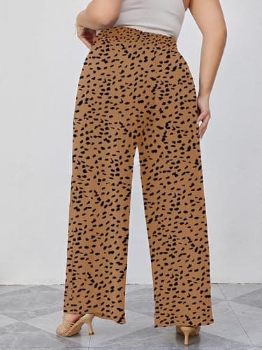 AusLook Plus Size Wide Leg Pants for Women High Waist Elastic Drawstring Palazzo Casual Lounge Beach Travel Vacation Resort Almond Leopard 1X Pants with Pockets Flowy Summer Comfy Outfit - Thumbnail 3