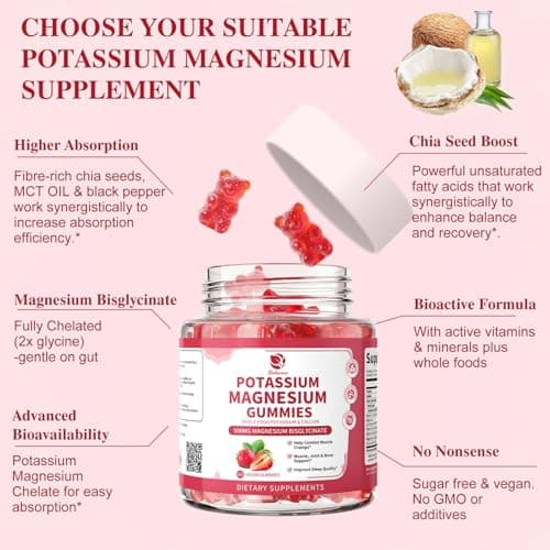 Lukaree Magnesium Potassium Supplement Gummies - New Formula Calm Magnesium Bisglycinate Gummies & Plant Potassium Plus Chia Seeds, B6, D3, K2 & Calcium for Sleep, Leg Cramps & Muscle -Vegan,60 Count - Thumbnail 4