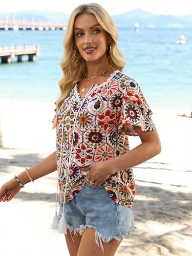 Bellcoco Womens Summer Boho Tops Short Sleeve Peplum Blouses V Neck Bohemian Shirt Tie Front Tunic Vacation Clothes Multicolored Floral Medium - Thumbnail 3