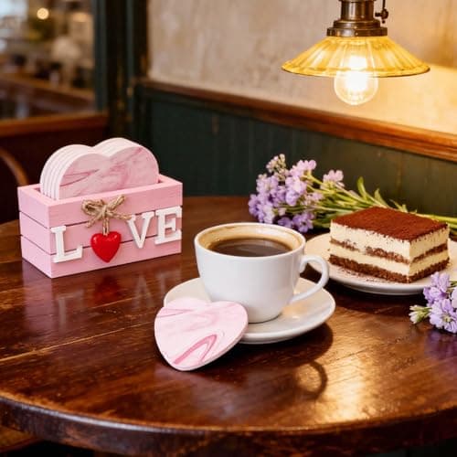 Heart Wooden Cup Coasters Set of 6, Cute Pink Drink Coaster with Holder for Home Table Office Desk, Birthday Gift Ideas for Wife and Girlfriends, Kawaii Pink Living Room Decor for Daughter - Thumbnail 4