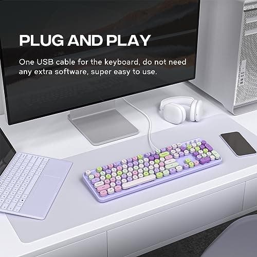 Dilter Wired Keyboard, 104 Keys Full-Sized Typewriter Keyboards, USB Office Keyboard with Number Pad, Caps Indicators, Foldable Stands for Windows, PC, Laptop, Desktop (Purple Colorful) - Thumbnail 3