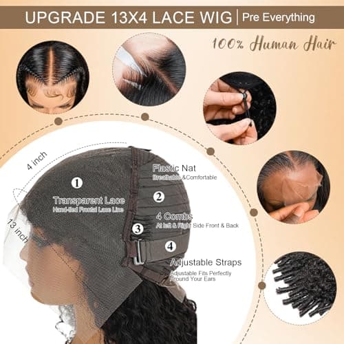 Burmese Curly Wig Human Hair Glueless Wigs Pre Plucked Pre Cut Pre Bleached Wear and Go 13X4 Upgrade HD Lace Front 250% Density Drawstring Wig Ear to Ear Lace Natural Color 100% Virgin Hair 16inch - Thumbnail 5