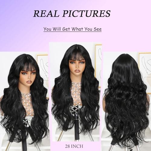 Barbique Black Long Wavy Wig with Bangs, Heat Resistant Synthetic Wig, Beginner Friendly, Natural Look, Adjustable Straps, Glueless Ready to Wear for Daily Party Cosplay Use - Thumbnail 5