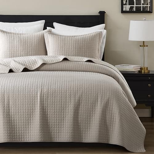 WDCOZY 100% Cotton King Size Quilt Set - Beige Box Pick Stitch Soft Lightweight Bedspread, Textured Like Linen, Farmhouse Country Rustic Coverlet, Shabby Chic Gauze Bedding, 3 Pieces - Image 1