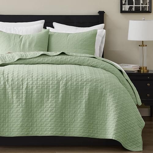 palassio Sage Green 100% Cotton Quilt Queen Size Bedding Sets with 2 Pillow Shams, Textured Lightweight Soft Bedspread Shabby Chic Coverlet, Quilted Comforter Bed Cover for All Season, 3 Pieces