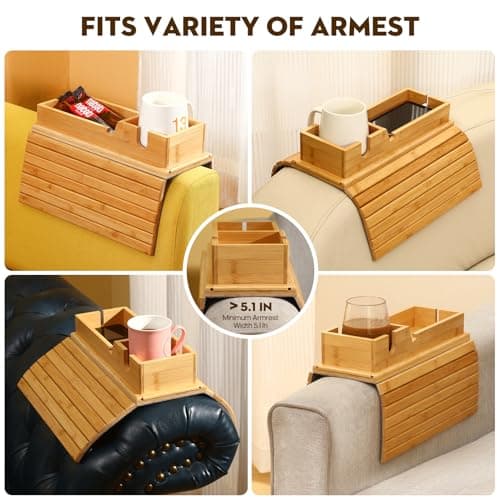 Bamboo Couch Arm Tray with Detachable Cup Holder, 2 in 1 Foldable Anti-Falling Design for Cups, Snacks, Remote, Cellphone - Thumbnail 4