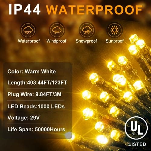 KNONEW 403FT 1000 LED Christmas Lights Outdoor String Lights 8 Modes & Timer Fairy Light Plug in Waterproof LED String Lights for Xmas Yard Tree Wedding Party Holiday Decorations (Warm White) - Thumbnail 6