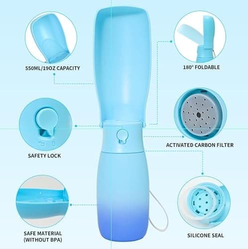 VEPOUYU Dog Water Bottle, Travel Puppy Water Bowl, Leak Proof Portable Puppy Water Dispenser, Foldable Dog Water Bottle for for Pets Outdoor Walking, Hiking, Travel, Food Grade Plastic - 19oz Blue - Thumbnail 3