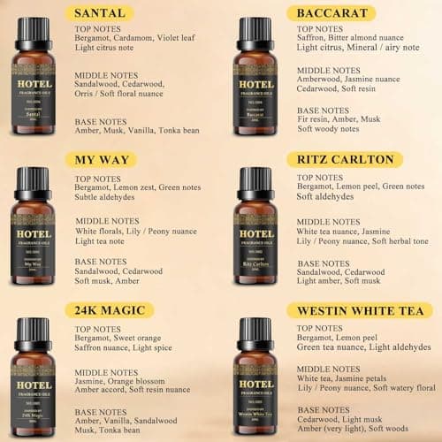 Hotel Diffuser Oil Set - Inspired by My Way, Baccarat, Westin White Tea, Santal, 24k Magic, Ritz-Carlton Hotel Scent Essential Oil Set Large Capacity, 20ml - (Pack of 6) - Thumbnail 6