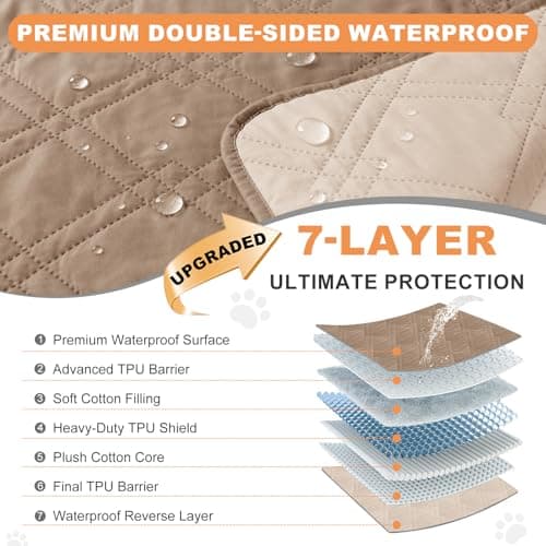 Vmeyiek 100% Waterproof Dog Bed Cover Pet Blanket(35"x71"),7-Layer Reversible Washable Sofa Couch for Furniture Car (Taupe+Apricote) - Thumbnail 2