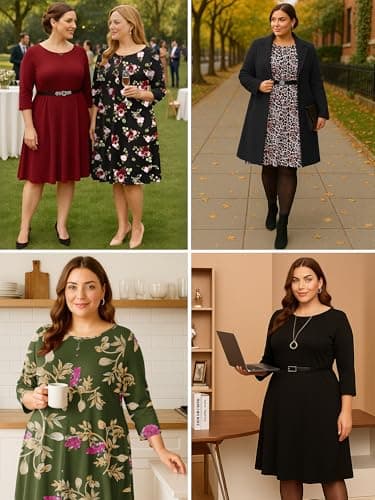 AusLook Women's Plus Midi Dresses Crew Neck A Line 3/4 Sleeves Casual Elegant Loose Flowy Wedding Guest Maternity Vacation Beach Slate Gray Watercolor Bouquet 5X Dress with Pockets - Thumbnail 6