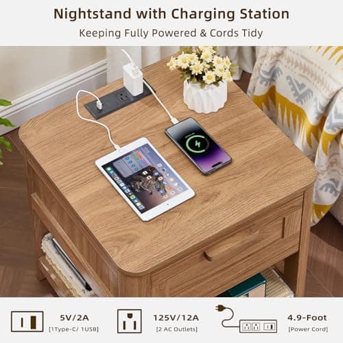 Joaxswe Farmhouse Night Stand Set of 2 with Charging Station, Brown - Thumbnail 4